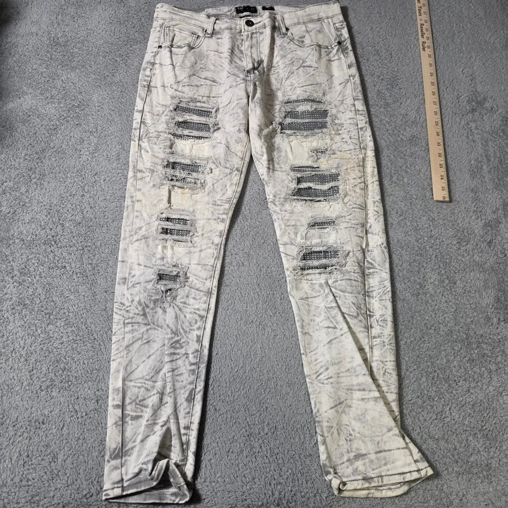 Waimea Mens 36 Skinny Fit Jeans Grey Acid Wash Distressed Rhinestone Streetwear